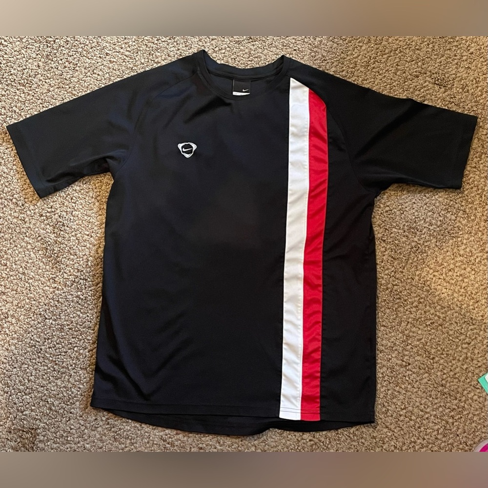 Vintage Nike short, sleeved, black shirt with red and white stripes
